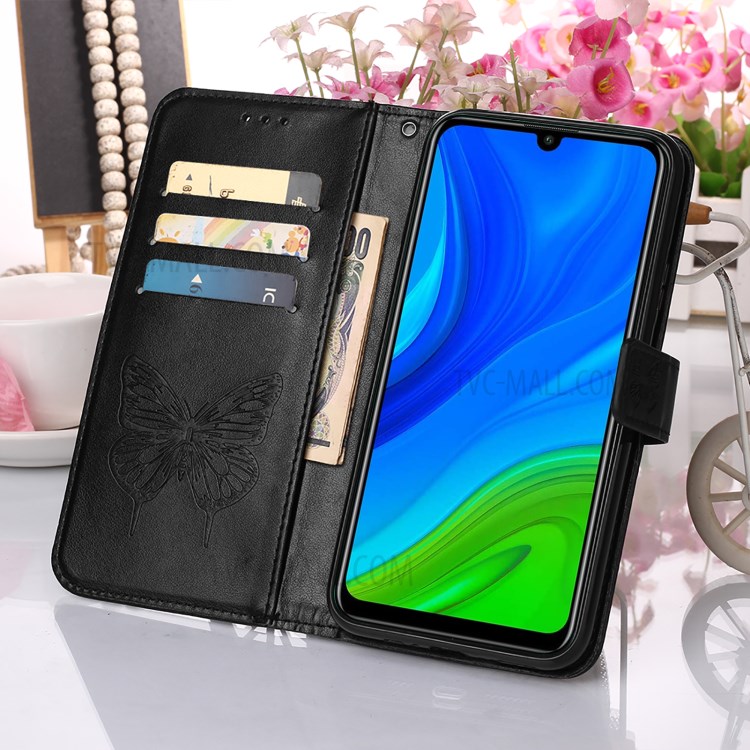 Imprint Butterfly Leather Phone Cover Case with Hand Strap for Huawei P Smart 2020 - Black-8