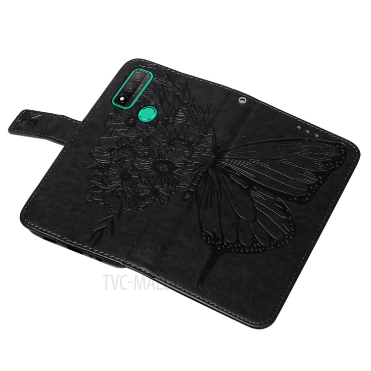 Imprint Butterfly Leather Phone Cover Case with Hand Strap for Huawei P Smart 2020 - Black-9
