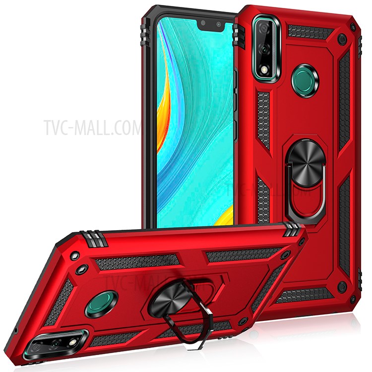 Hybrid PC + TPU Anti-drop Phone Shell with Ring Kickstand for Huawei Y8s - Red-3