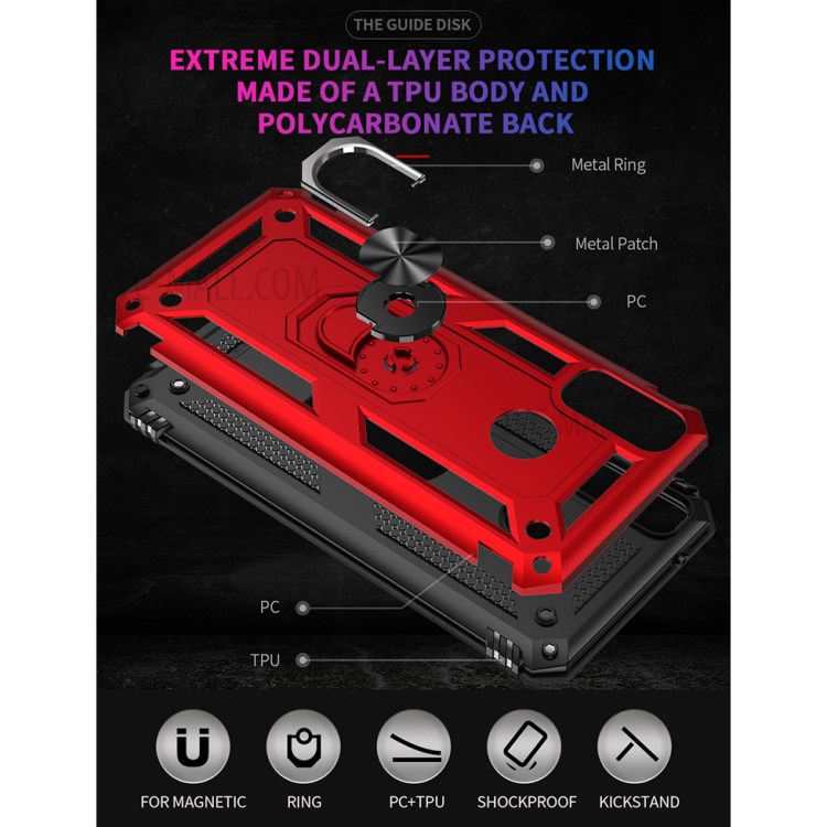 Hybrid PC + TPU Anti-drop Phone Shell with Ring Kickstand for Huawei Y8s - Red-7