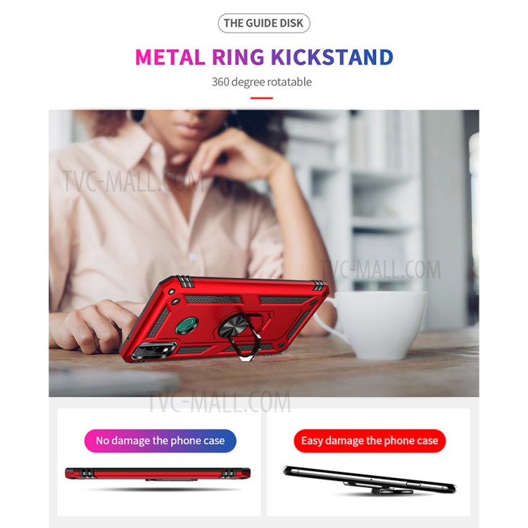 Hybrid PC + TPU Anti-drop Phone Shell with Ring Kickstand for Huawei Y8s - Red-8