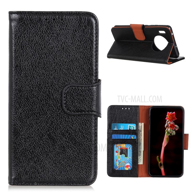 Nappa Texture Split Leather Wallet Stand Phone Cover Case for Huawei Y9a - Black-1