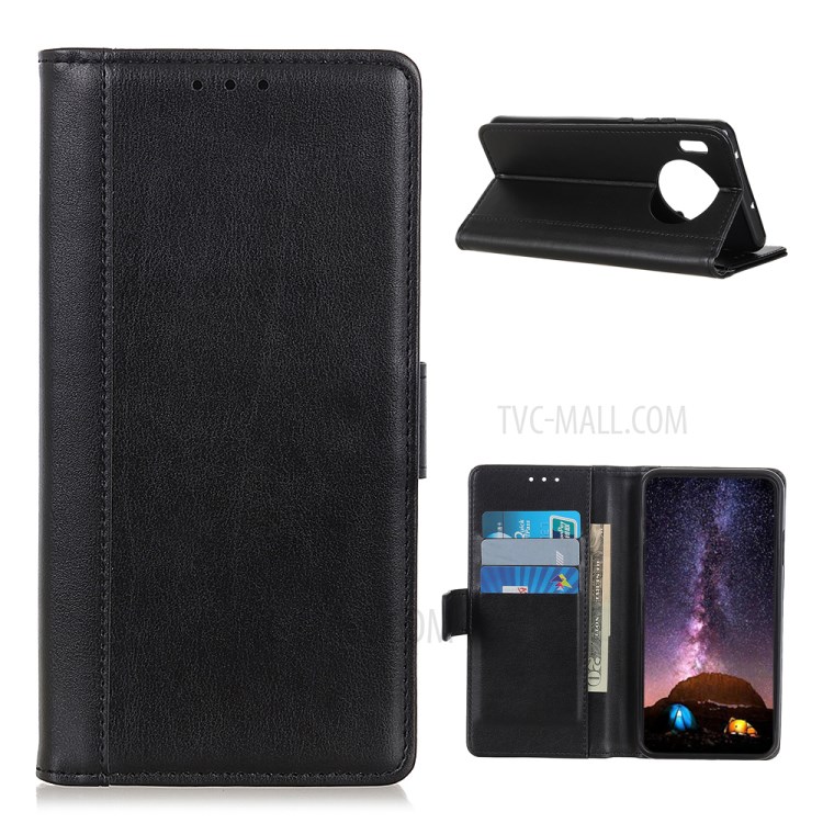 Smooth-Surface Leather Wallet Stand Phone Protective Shell for Huawei Y9a - Black-1