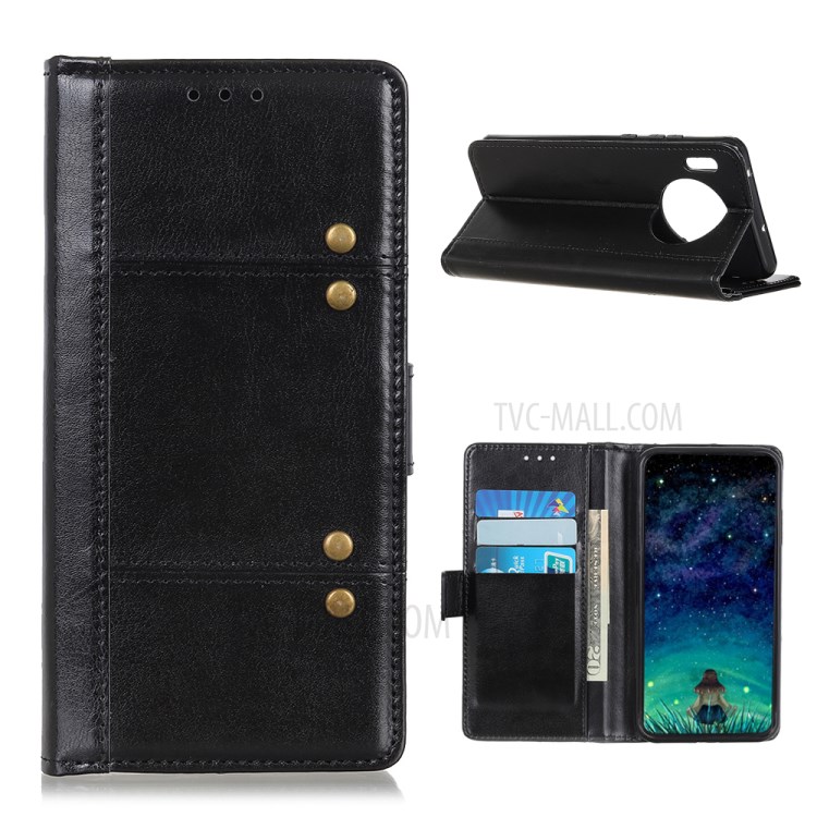 Rivet Decor Crazy Horse Wallet Leather Cell Phone Cover for Huawei Y9a - Black-1
