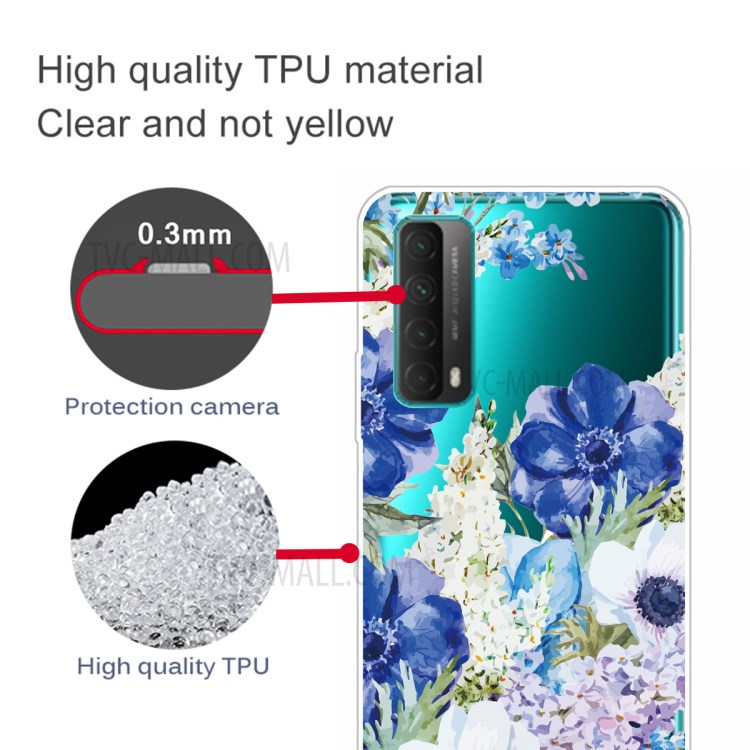 Pattern Printing Flexible TPU Shell Phone Protective Cover for Huawei P smart 2021 / Huawei Y7a - Blue and White Flowers-2