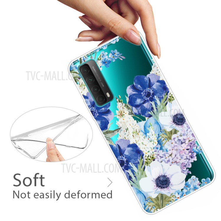 Pattern Printing Flexible TPU Shell Phone Protective Cover for Huawei P smart 2021 / Huawei Y7a - Blue and White Flowers-3
