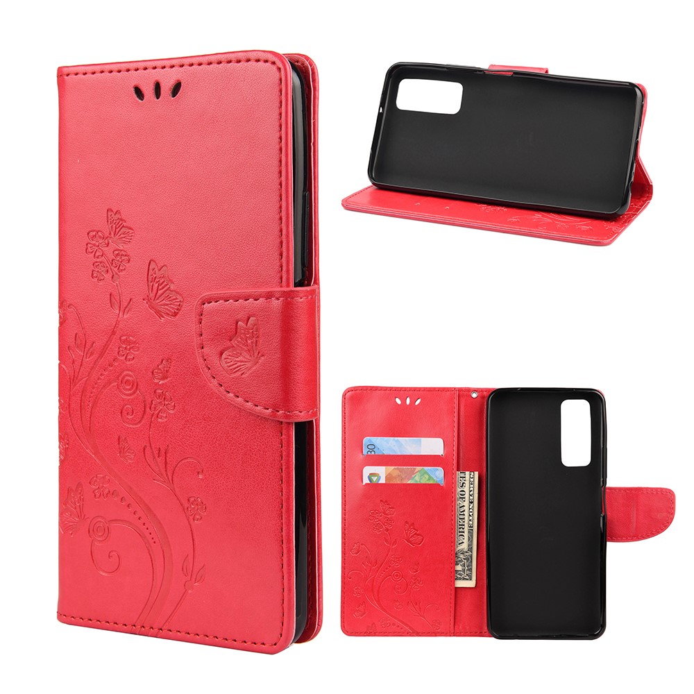 Butterfly Flower Imprinting Leather Case with Strap for Huawei P smart 2021 / Y7a - Red-1