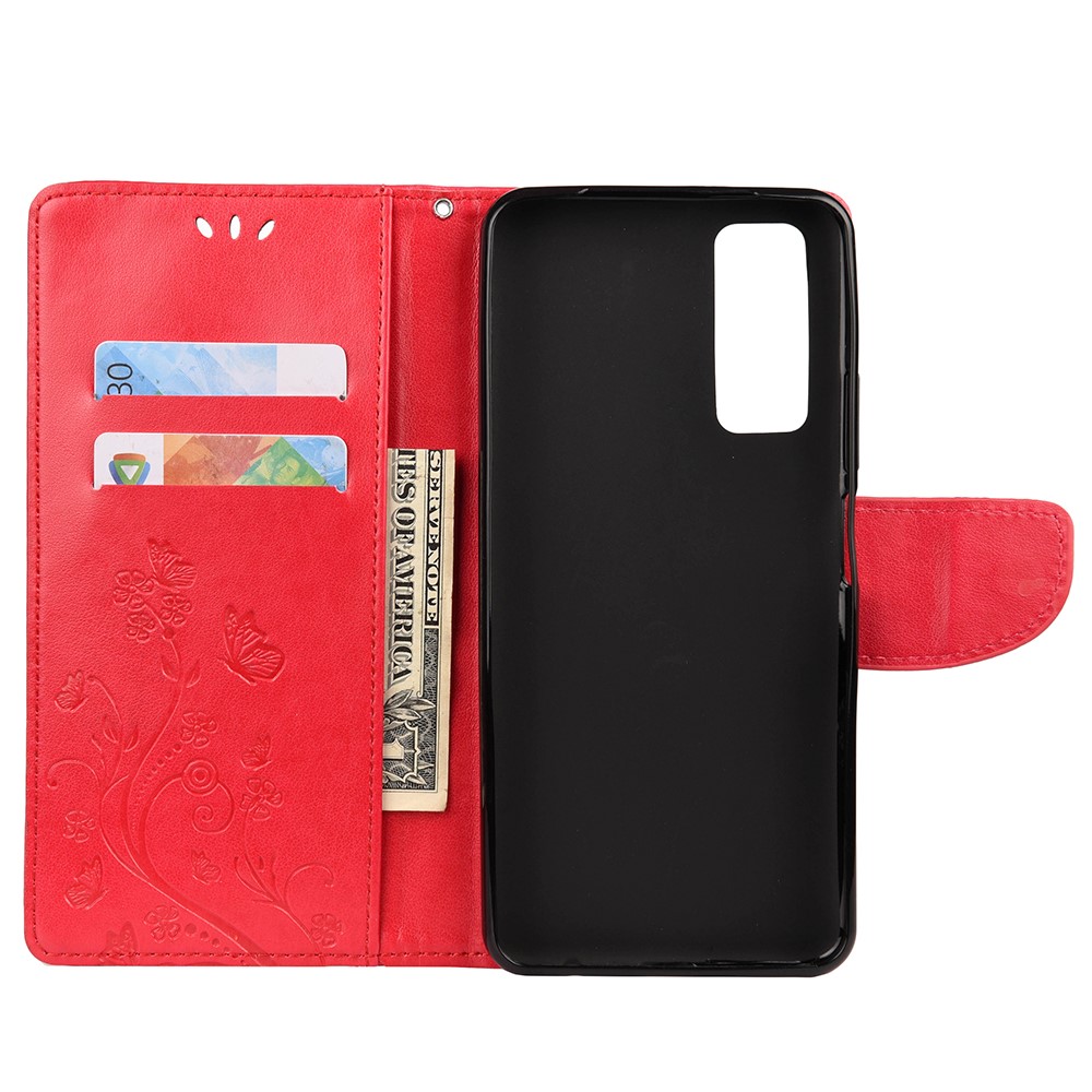 Butterfly Flower Imprinting Leather Case with Strap for Huawei P smart 2021 / Y7a - Red-4