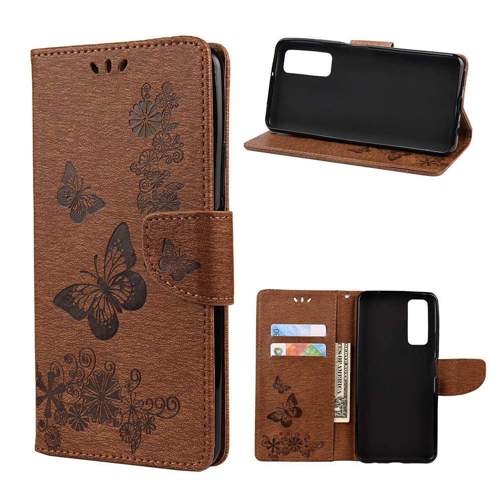 Imprint Butterfly Pattern Leather Wallet Phone Shell for Huawei P smart 2021 / Y7a - Brown-1