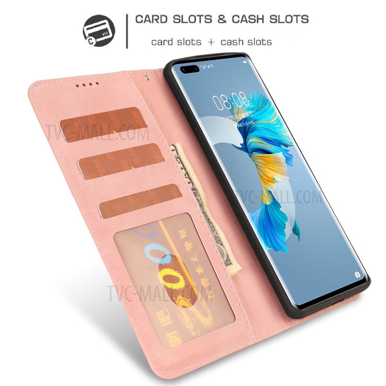 Classic Style PU Leather Phone Case with Wallet for Huawei Mate 40 - Pink-10