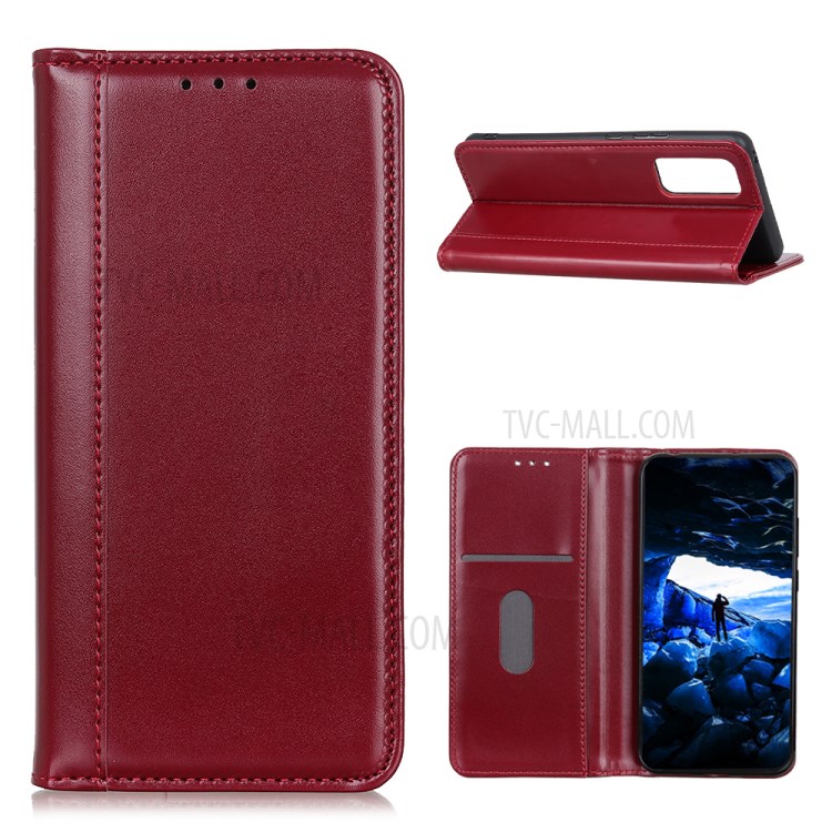 For Huawei P smart 2021/Y7a Auto-absorbed Split Leather Wallet Case with Stand - Red-1
