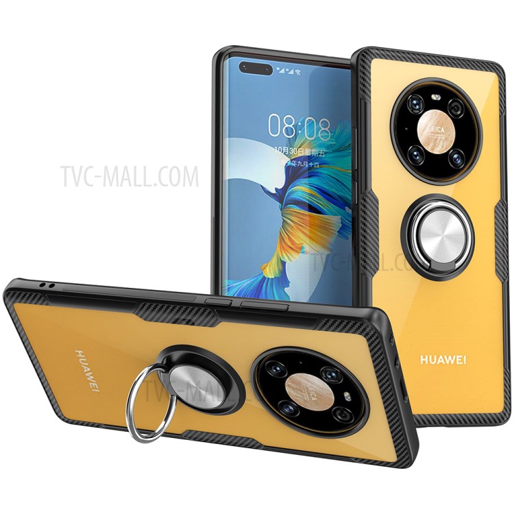 With Finger Ring Kickstand Clear Phone Case for Huawei Mate 40 Pro - Black/Silver-1