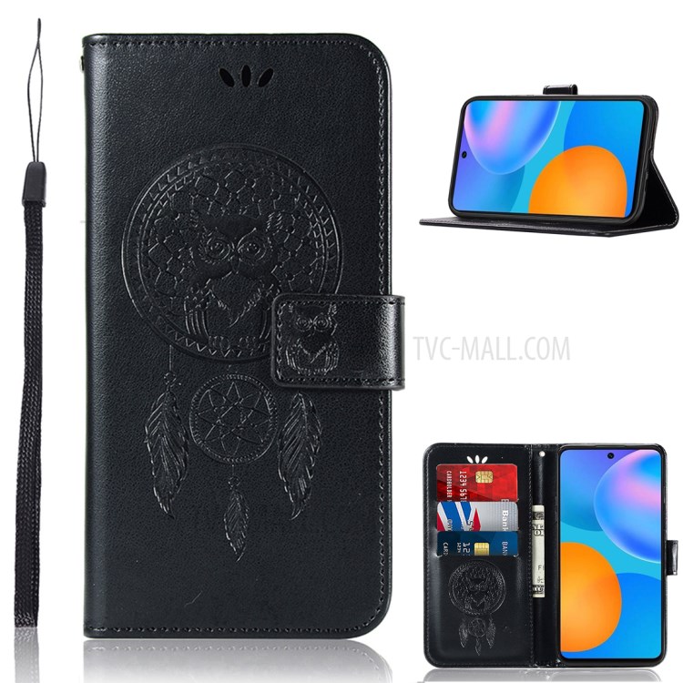Imprinted Dream Catcher Owl Leather Wallet Case for Huawei P smart 2021/Y7a - Black-1