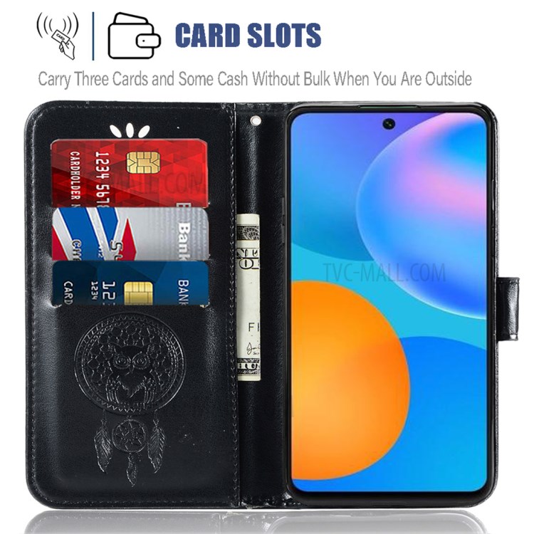 Imprinted Dream Catcher Owl Leather Wallet Case for Huawei P smart 2021/Y7a - Black-5