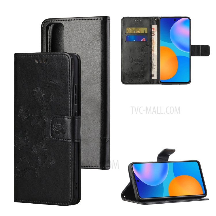 Imprint Butterfly Flowers Leather Wallet Case Cover for Huawei P smart 2021/Y7a - Black-1