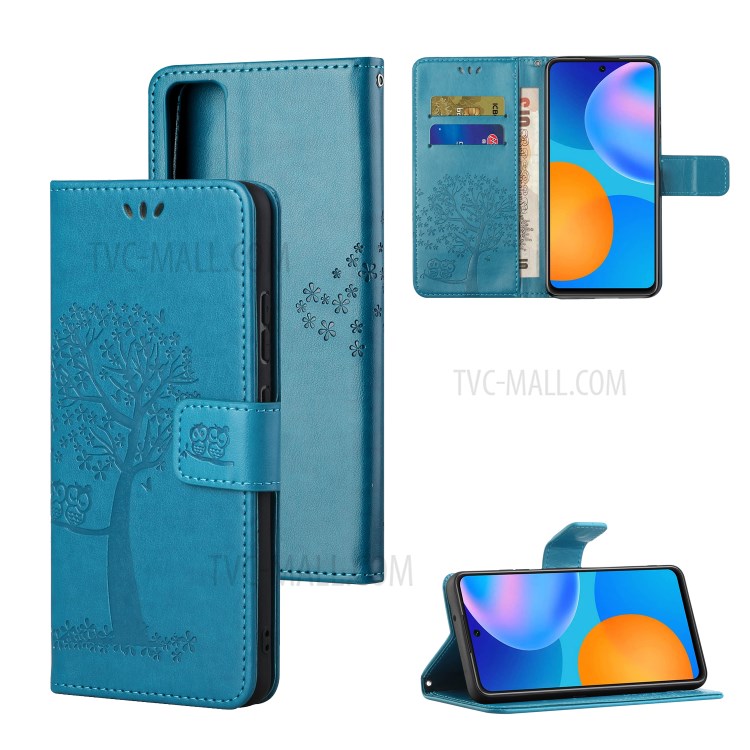 Imprint Tree Owl PU Leather Wallet Case for Huawei P smart 2021/Y7a - Blue-1