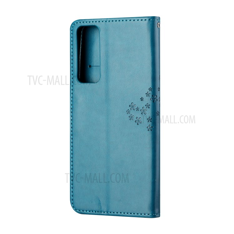 Imprint Tree Owl PU Leather Wallet Case for Huawei P smart 2021/Y7a - Blue-4