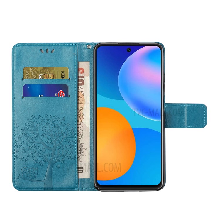 Imprint Tree Owl PU Leather Wallet Case for Huawei P smart 2021/Y7a - Blue-5