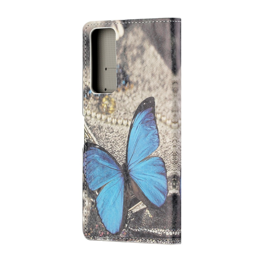 Padrão Printing Leather Stand Stand Caso Para Huawei P Smart 2021/y7a - Borboleta Azul