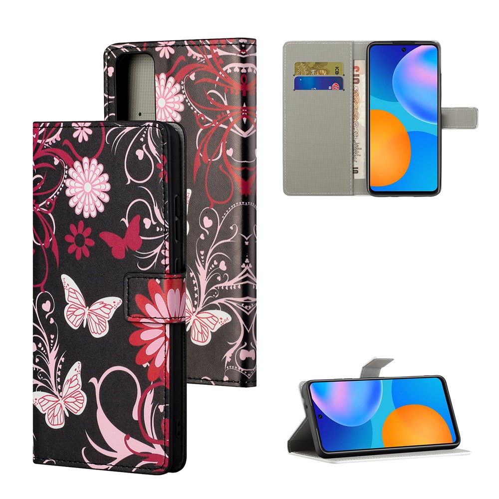 Padrão Printing Leather Stand Stand Caso Para Huawei P Smart 2021/y7a - Flor de Borboleta