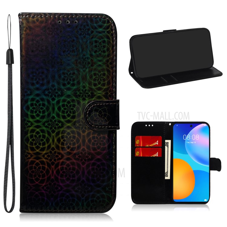 Flower Pattern Leather Wallet Case for Huawei P smart 2021/Y7a - Black-1