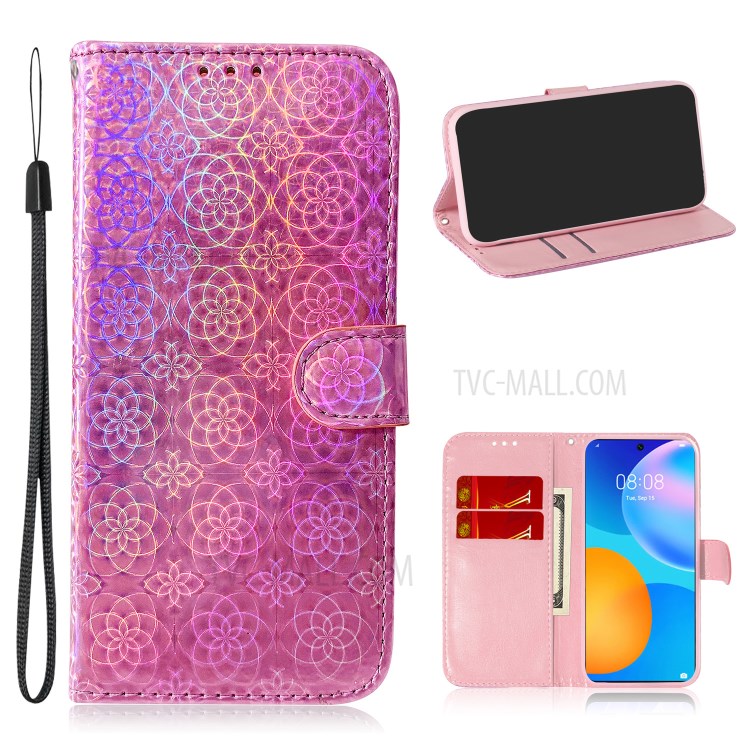 Flower Pattern Leather Wallet Case for Huawei P smart 2021/Y7a - Pink-1