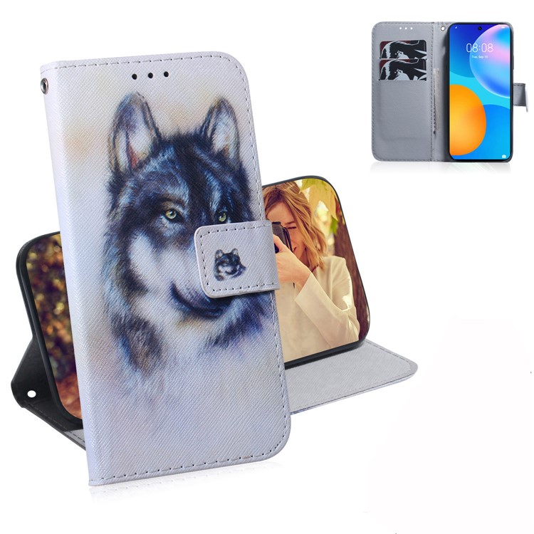 Pattern Printing PU Leather Wallet Stand Case for Huawei P Smart 2021 / Huawei Y7a - Wolf-1