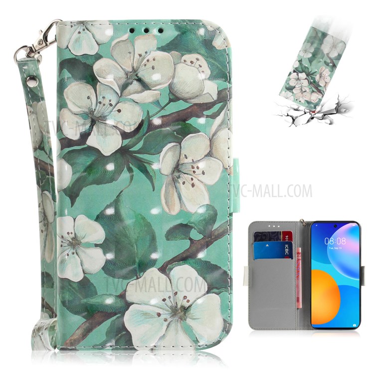 Licht Spot Dekor Muster Druck Brieftasche Stand Leder Telefon Gehäuse Mit Lanyard Für Huawei P Smart 2021 / Y7a. - Lebhafte Blume-1