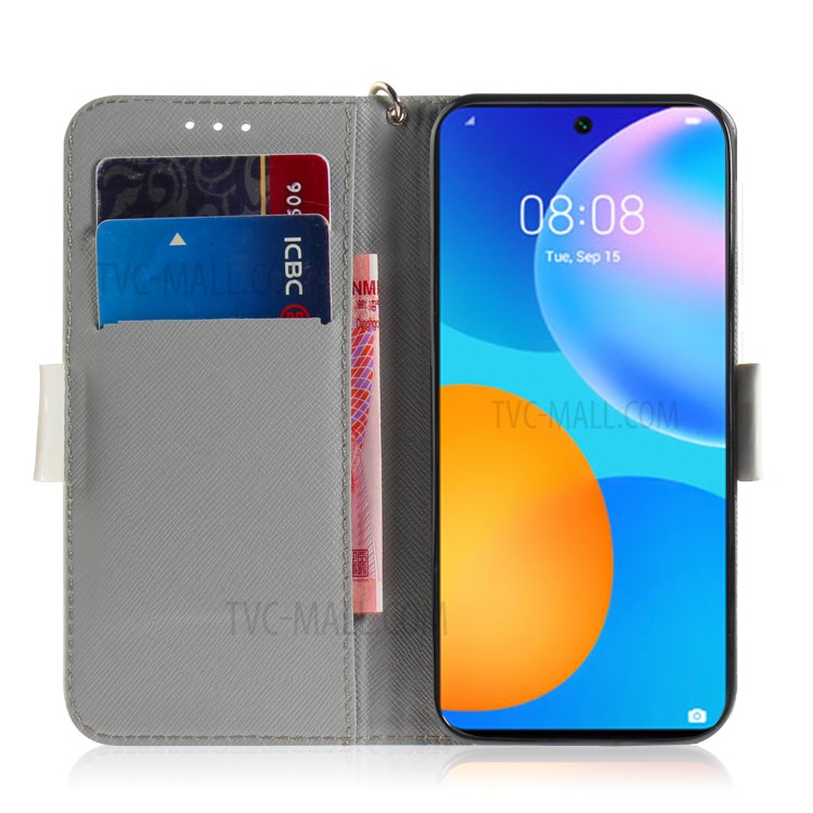 Licht Spot Dekor Muster Druck Brieftasche Stand Leder Telefon Gehäuse Mit Lanyard Für Huawei P Smart 2021 / Y7a. - Lebhafte Blume-7