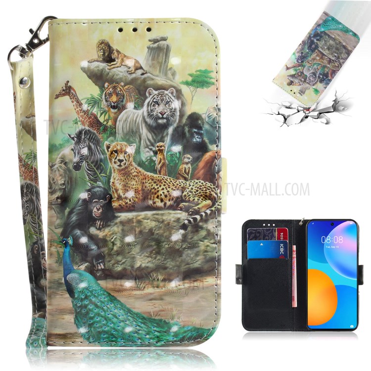 Light Spot Decor Pattern Printing Wallet Stand Leather Phone Casing with Lanyard for Huawei P smart 2021 / Y7a - Animals-1
