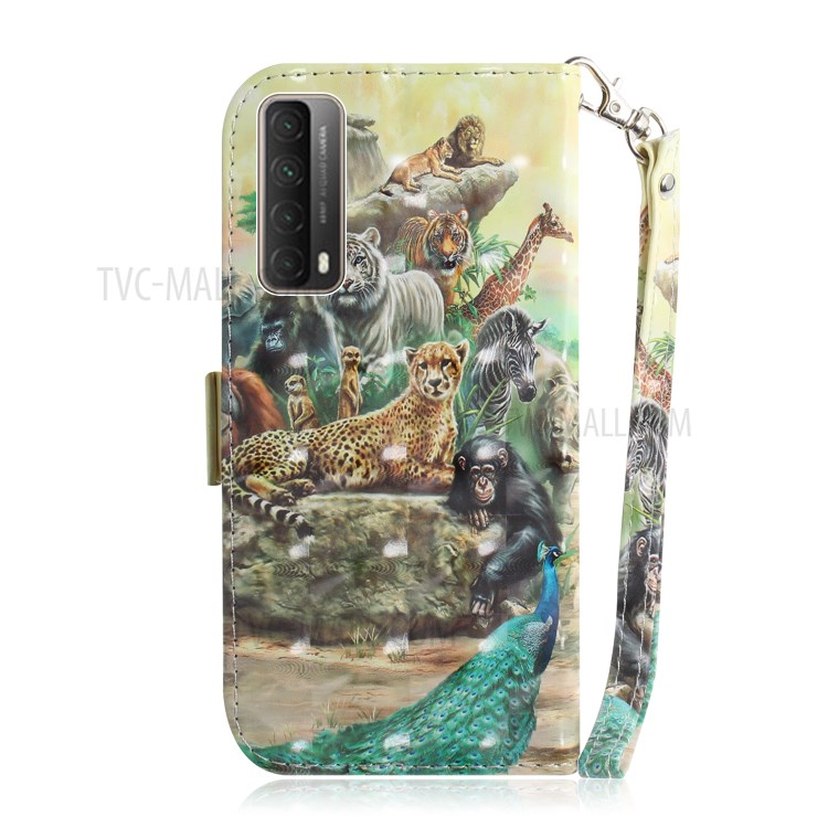 Light Spot Decor Pattern Printing Wallet Stand Leather Phone Casing with Lanyard for Huawei P smart 2021 / Y7a - Animals-3