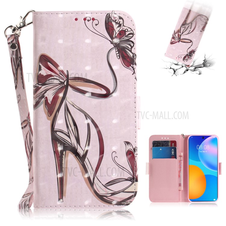 Light Spot Decor Pattern Printing Wallet Stand Leather Phone Casing with Lanyard for Huawei P smart 2021 / Y7a - High-heel Shoe-1