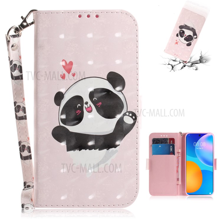 Light Spot Decor Pattern Printing Wallet Stand Leather Phone Casing with Lanyard for Huawei P smart 2021 / Y7a - Panda and Heart-1