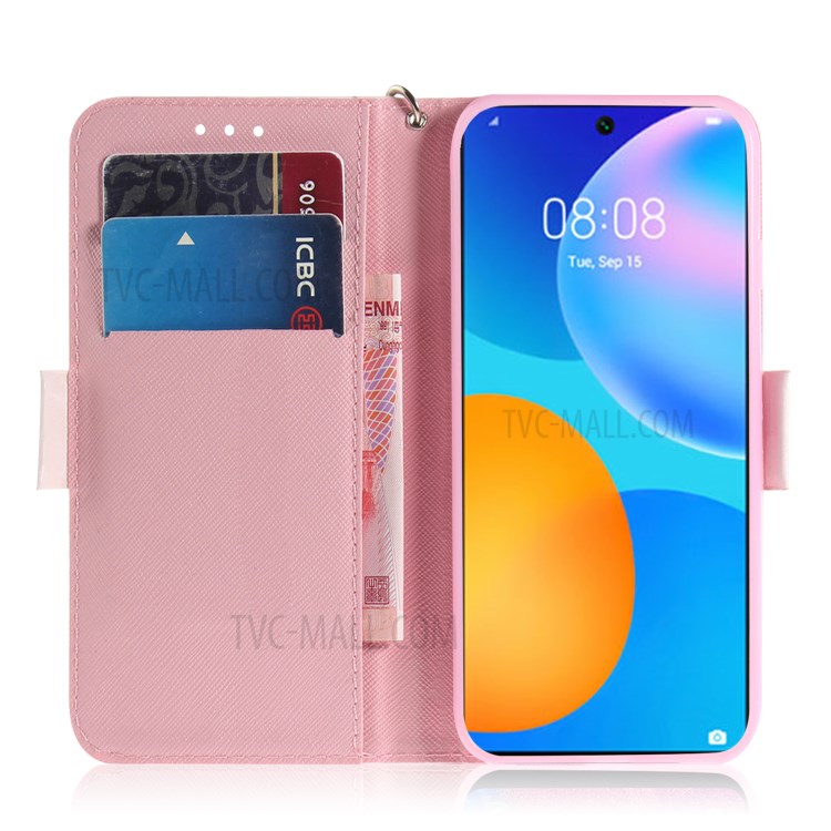 Light Spot Decor Pattern Printing Wallet Stand Leather Phone Casing with Lanyard for Huawei P smart 2021 / Y7a - Panda and Heart-7