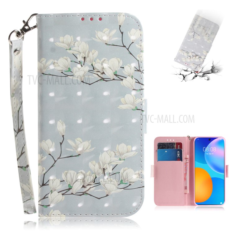 Light Spot Decor Pattern Printing Wallet Stand Leather Phone Casing with Lanyard for Huawei P smart 2021 / Y7a - Flower-1