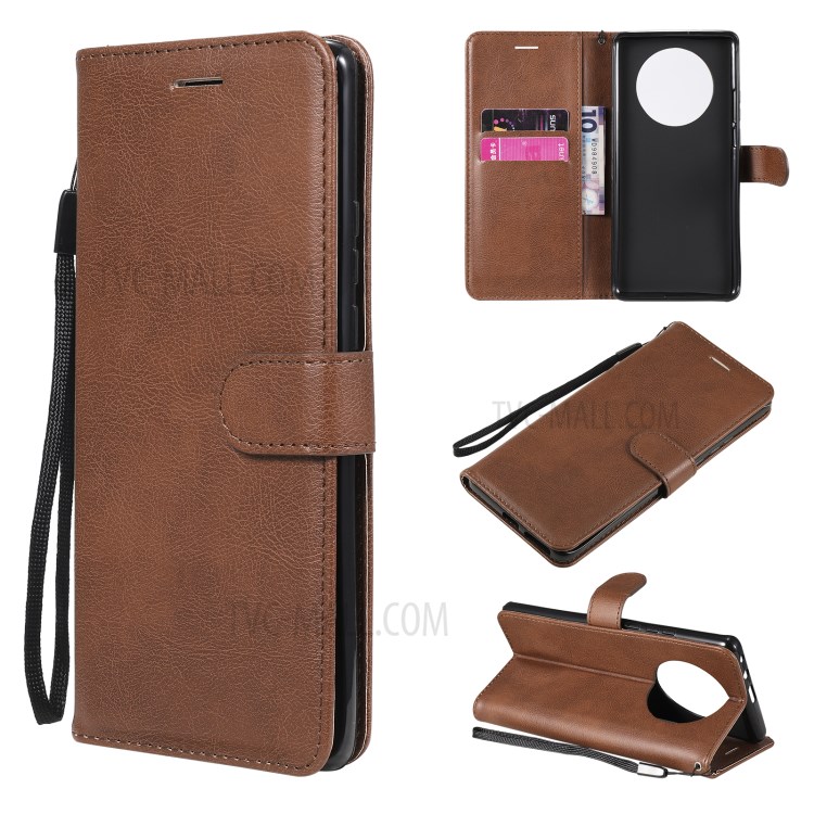 TPU + PU Leather Wallet Stand Case with Handy Strap for Huawei Mate 40 Pro - Brown-1