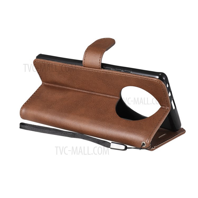 TPU + PU Leather Wallet Stand Case with Handy Strap for Huawei Mate 40 Pro - Brown-5