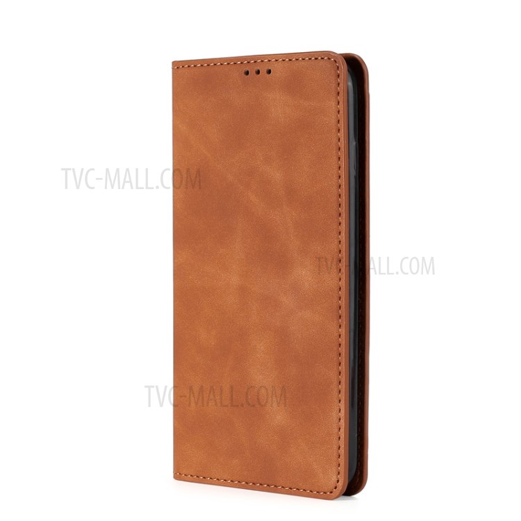 Silky-Touch Skin Auto-Asobled Flip Кожаная Защитная Крышка С Слотами Для Карты Для Huawei P Smart 2021 - Коричневый-1