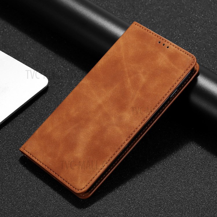 Silky-Touch Skin Auto-Asobled Flip Кожаная Защитная Крышка С Слотами Для Карты Для Huawei P Smart 2021 - Коричневый-3