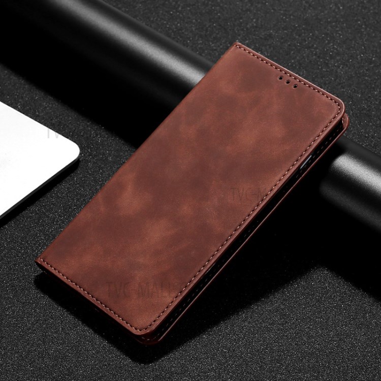 Silky-Touch Skin Auto-Asobled Flip Кожаная Защитная Крышка С Слотами Для Карты Для Huawei P Smart 2021 - Кофе-3