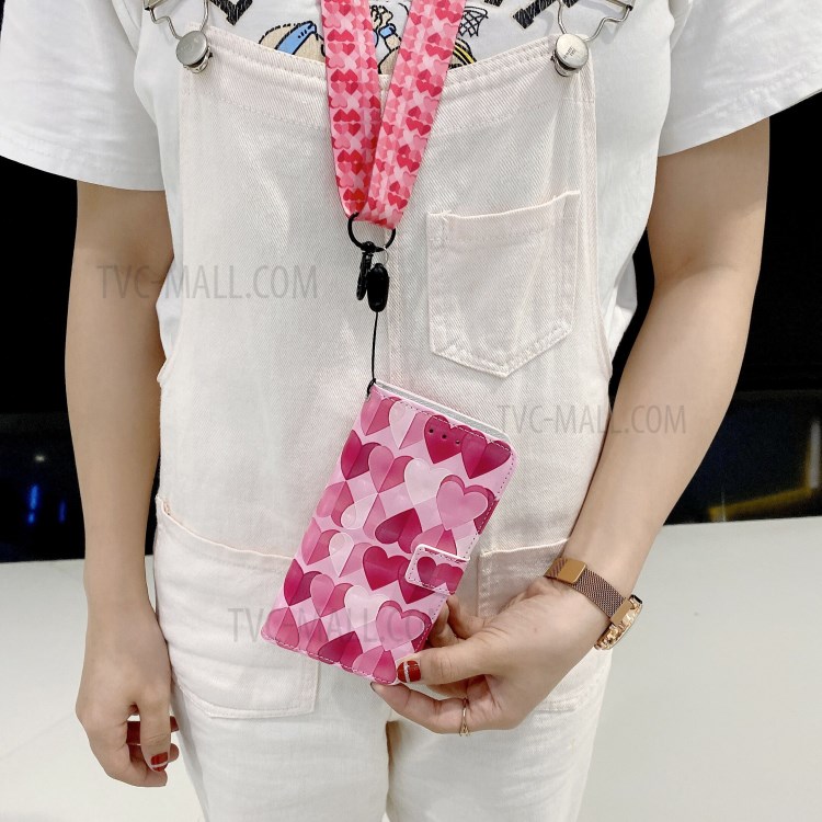 Pattern Printing Leather Case Wallet Cover with Hanging Strap for Huawei P30 Lite / P30 Pro New Edition / Nova 4e - Hearts-10