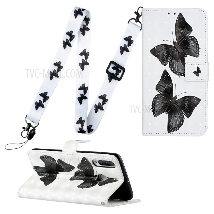 Musterdruck Ledertasche Brieftasche Abdeckung Mit Hängendem Riemen Für Huawei P30 Lite / P30 Pro New Edition / Nova 4E. - Schmetterling-1