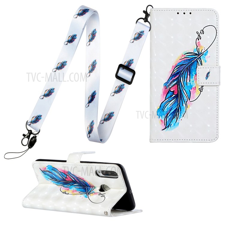 Pattern Printing Leather Case Wallet Cover with Hanging Strap for Huawei P30 Lite / P30 Pro New Edition / Nova 4e - Feather-1