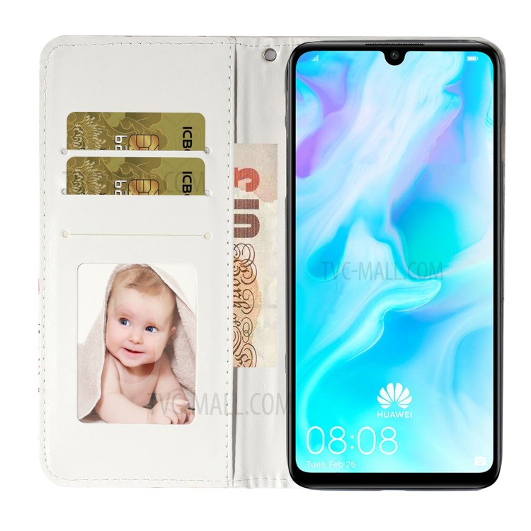 Pattern Printing Leather Case Wallet Cover with Hanging Strap for Huawei P30 Lite / P30 Pro New Edition / Nova 4e - Feather-11