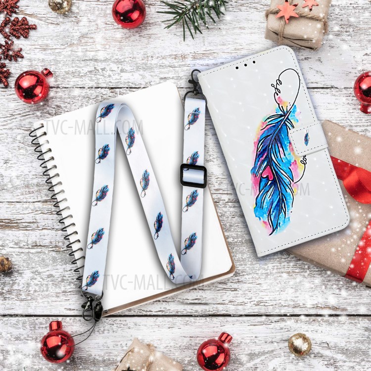 Pattern Printing Leather Case Wallet Cover with Hanging Strap for Huawei P30 Lite / P30 Pro New Edition / Nova 4e - Feather-8