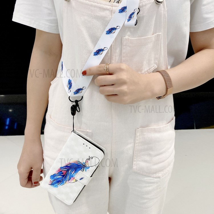 Pattern Printing Leather Case Wallet Cover with Hanging Strap for Huawei P30 Lite / P30 Pro New Edition / Nova 4e - Feather-9