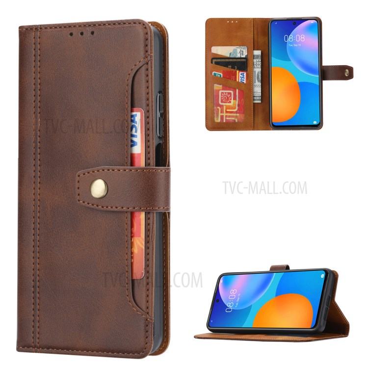 Cartera De Cuero Cáscara Del Teléfono De Soporte Con El Apoyo Soporte Para Huawei P Inteligente 2021 - Marrón-1