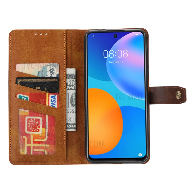 Cartera De Cuero Cáscara Del Teléfono De Soporte Con El Apoyo Soporte Para Huawei P Inteligente 2021 - Marrón-4