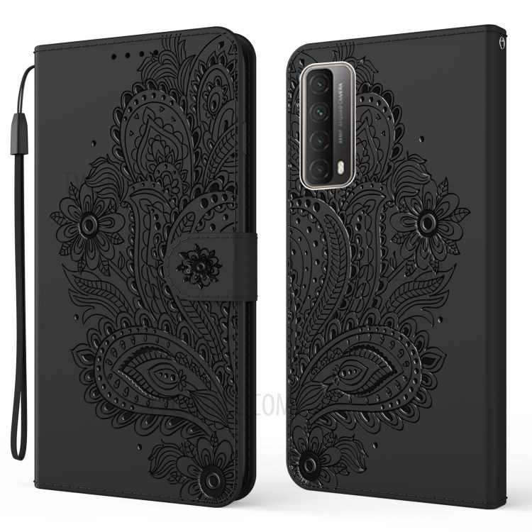 Peacock Flower Pattern Imprint Leather Phone Protective Shell for Huawei P smart 2021/Huawei Y7a - Black-1