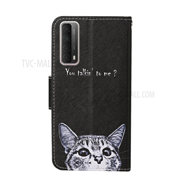 Pattern Printing PU Leather Case for Huawei P smart 2021/Y7a Wallet Stand Shell - Cat and Letters-2